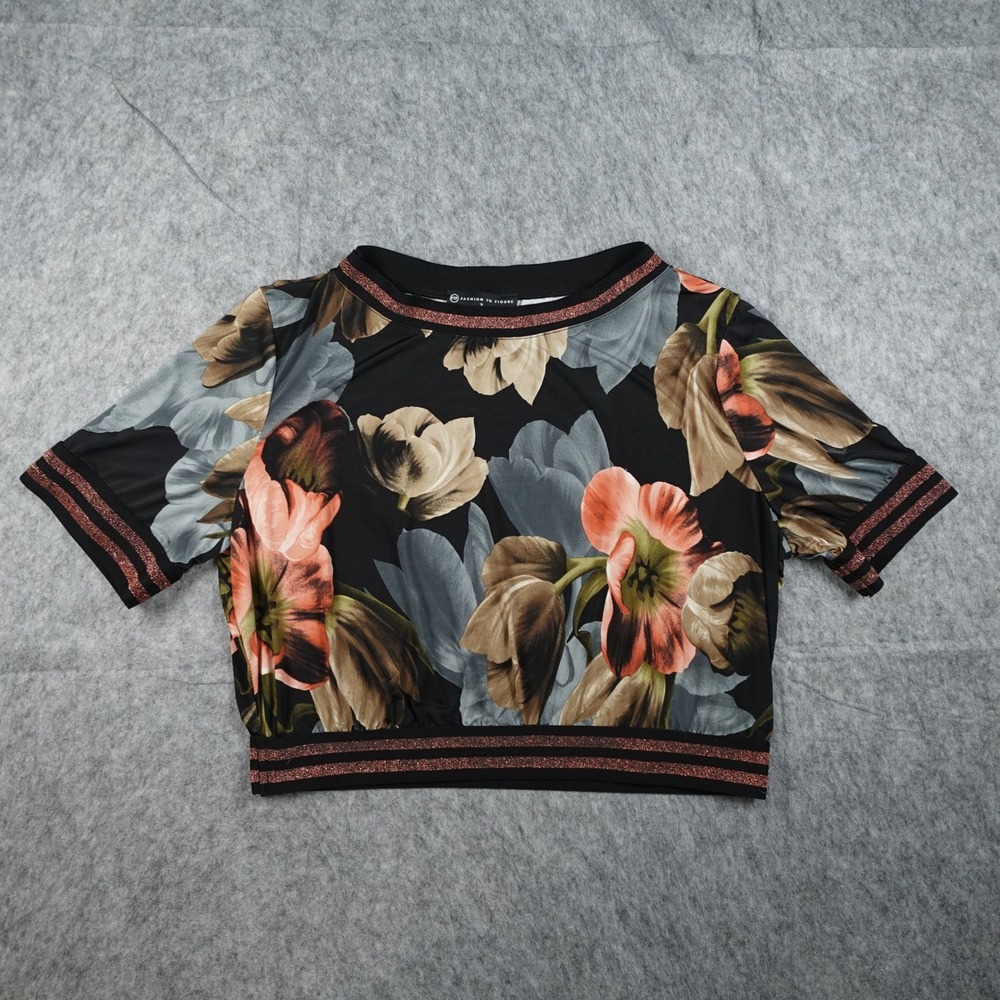 Fashion To Figure Top Women 2X Black Floral Metallic Trim Short Sleeve Crop